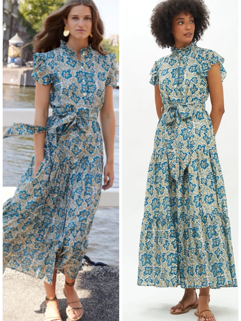 OLIPHANT RUFFLE COLLAR BUTTON MAXI FLORAL DRESS IVY BLUE/GOLD SZ XL